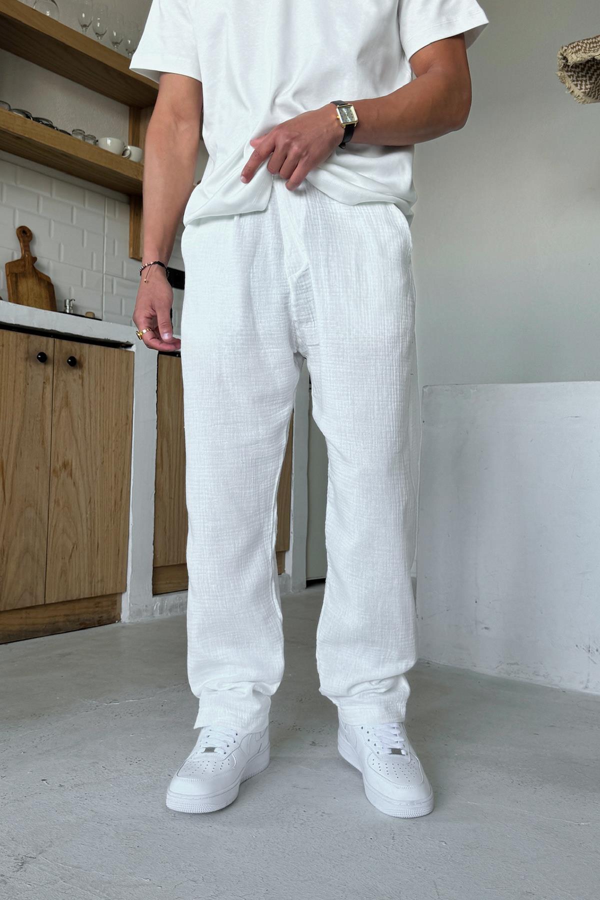 White Muslin Pants with Elastic Waistband