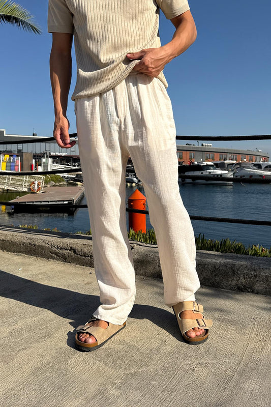 Comfortable Baggy Pants with Elastic Waistband, Beige