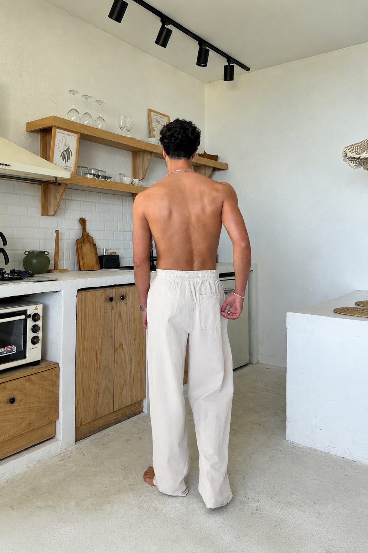 Relaxed Fit Linen Trousers with Elastic Waistband, Beige