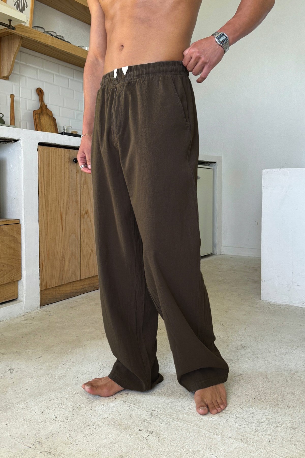 Relaxed Fit Linen Trousers with Elastic Waistband, Brown