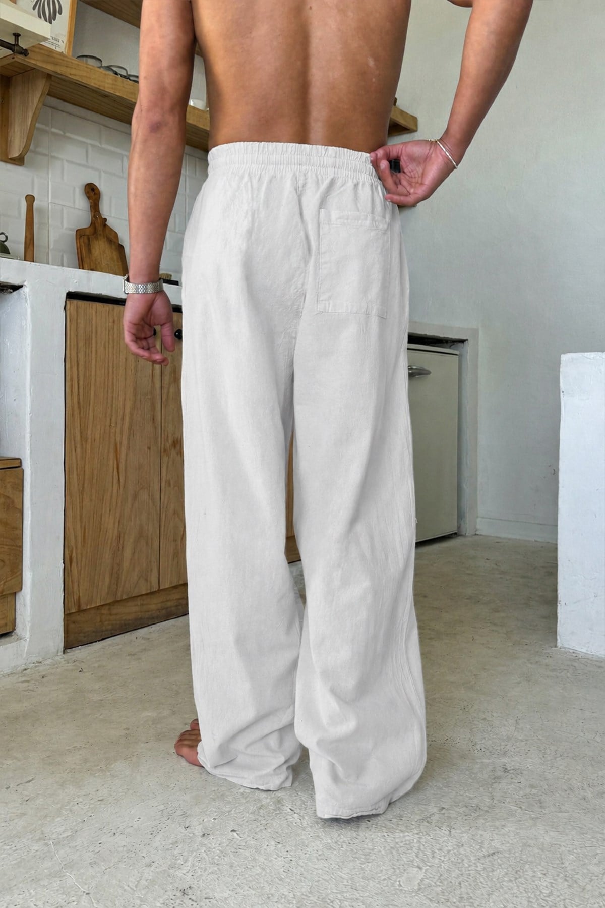 Relaxed Fit Linen Trousers with Elastic Waistband, Beige