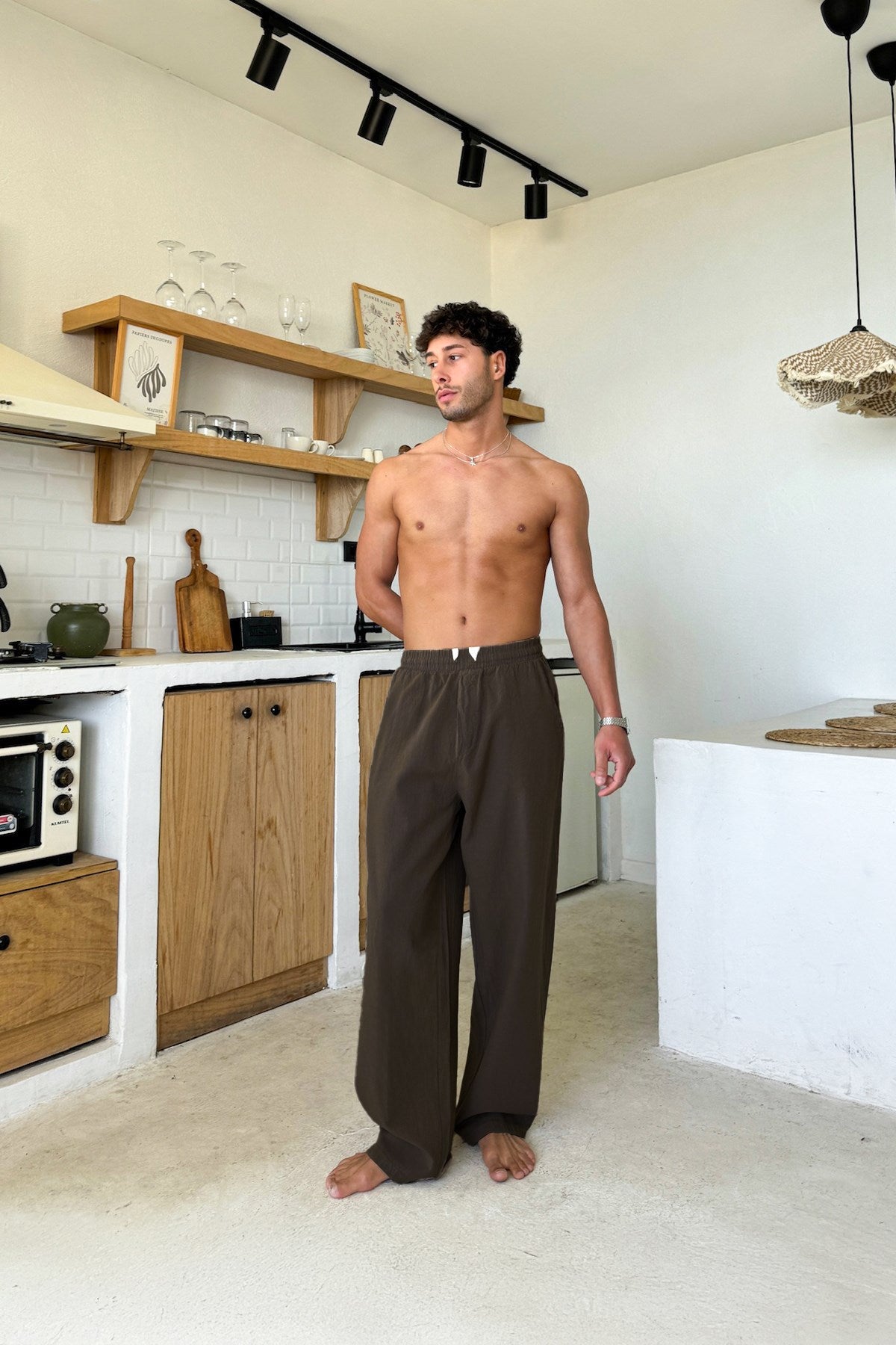 Relaxed Fit Linen Trousers with Elastic Waistband, Brown