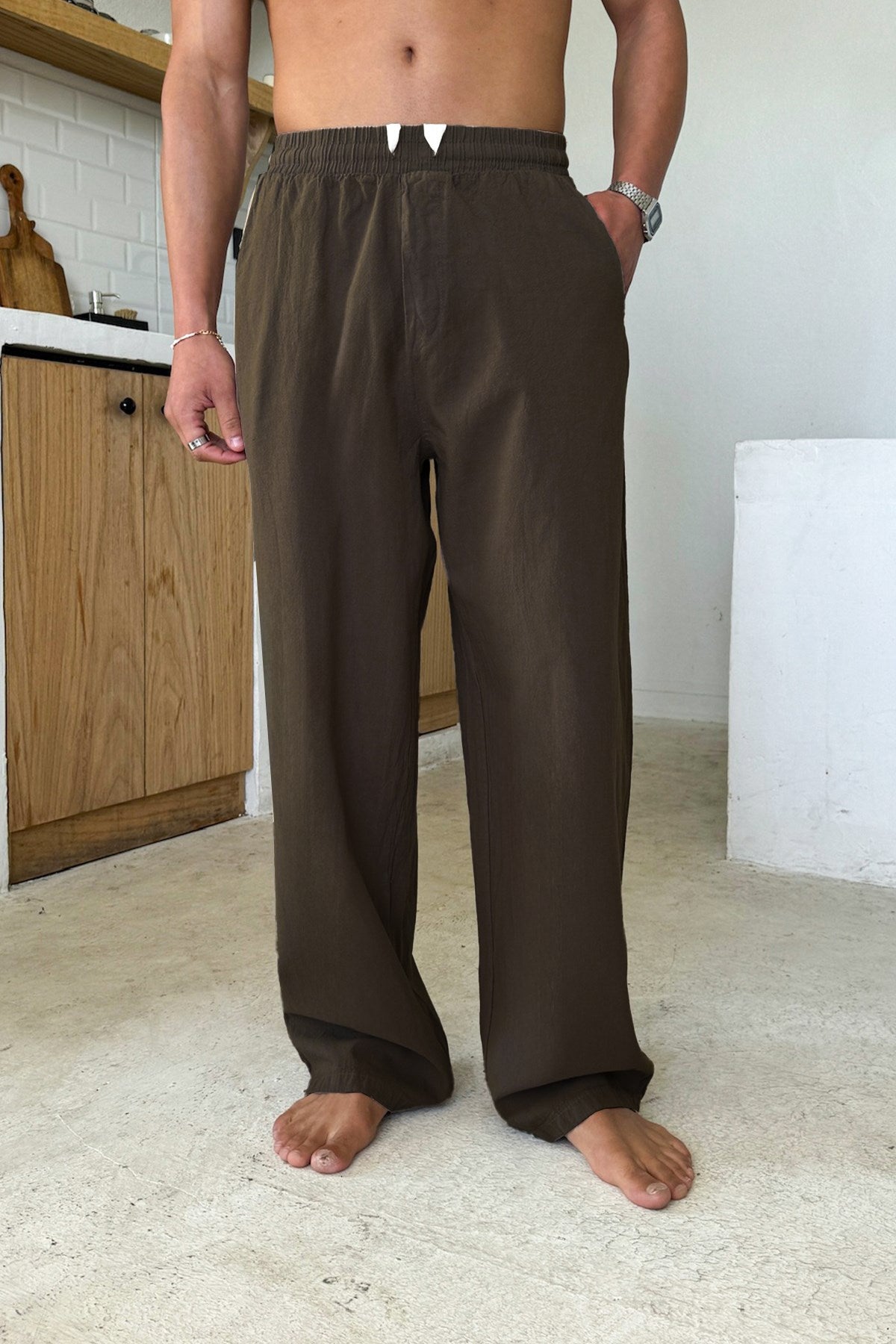 Relaxed Fit Linen Trousers with Elastic Waistband, Brown