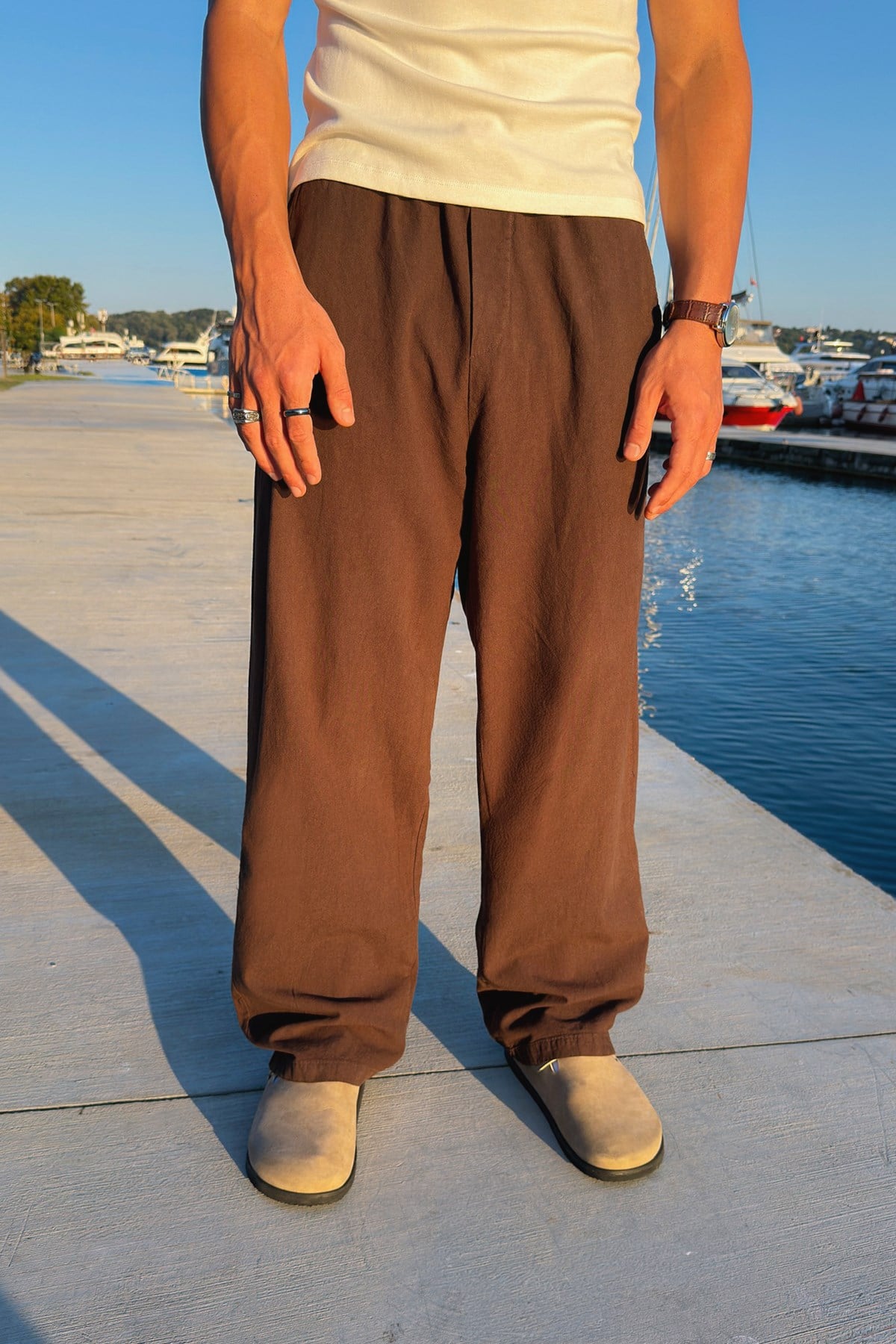 Relaxed Fit Linen Trousers with Elastic Waistband