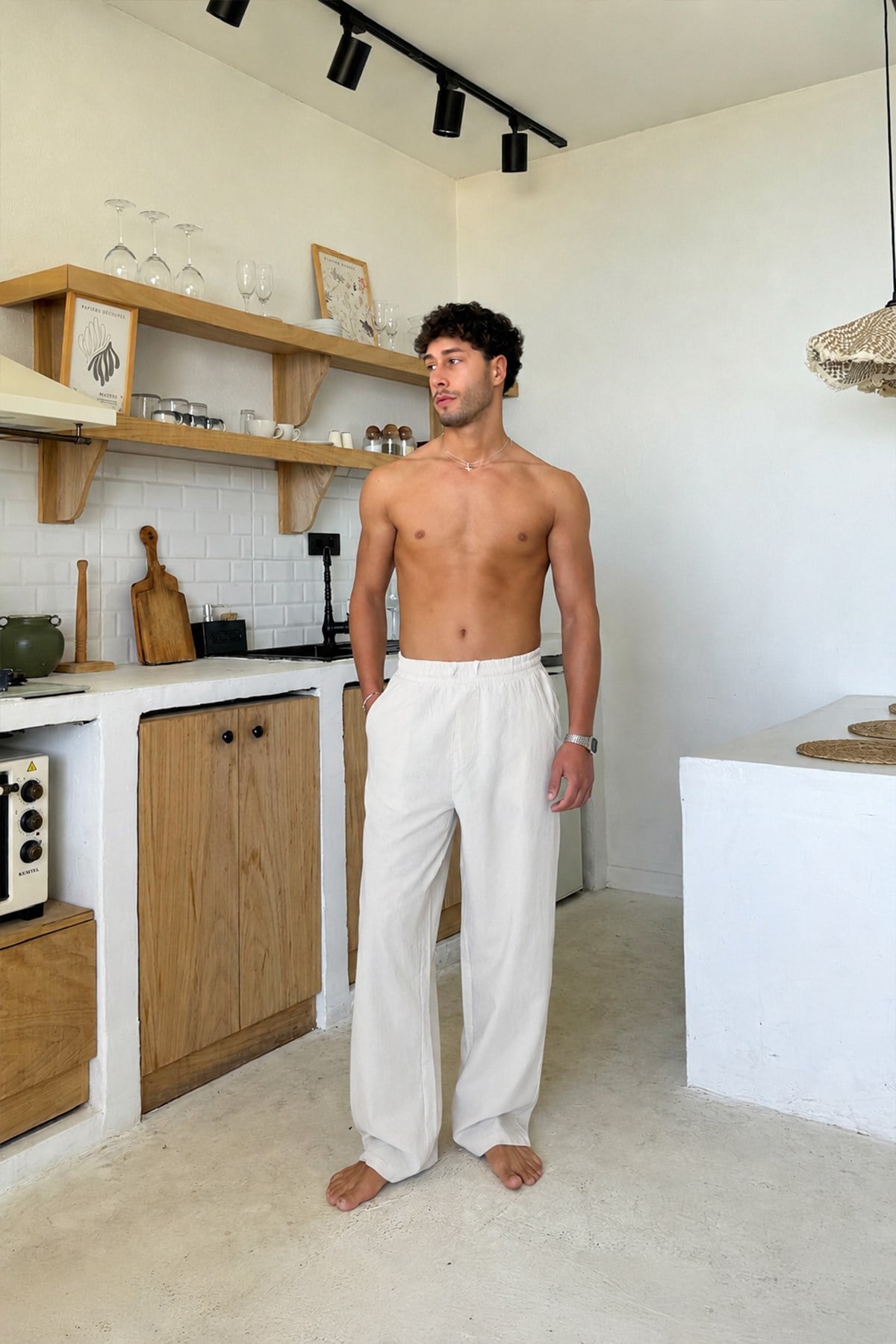 Relaxed Fit Linen Trousers with Elastic Waistband, Beige