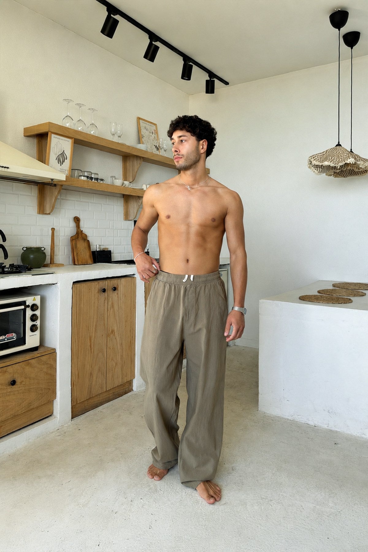 Relaxed Fit Linen Trousers with Elastic Waistband, Khaki