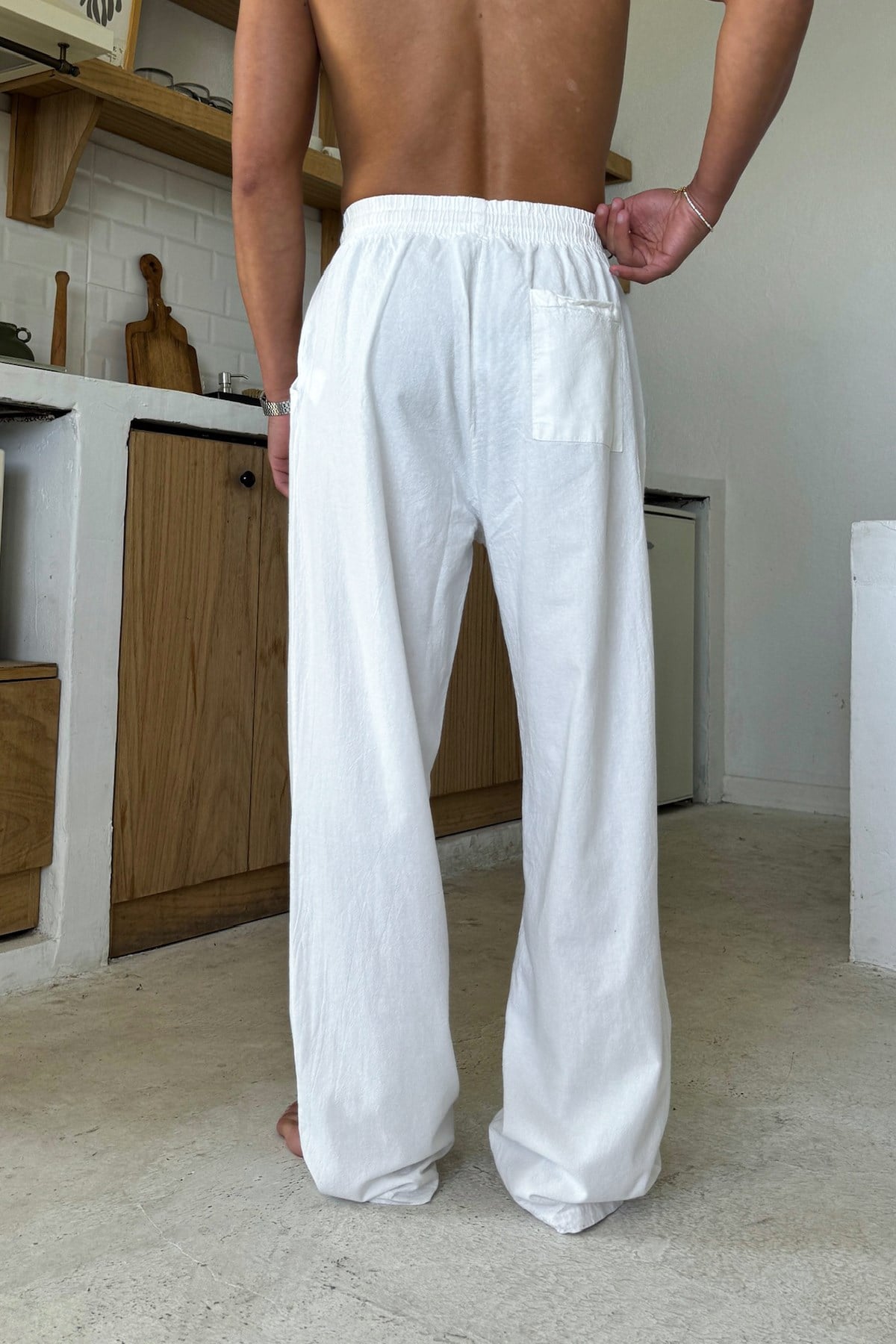 Relaxed Fit Linen Trousers with Elastic Waistband, White