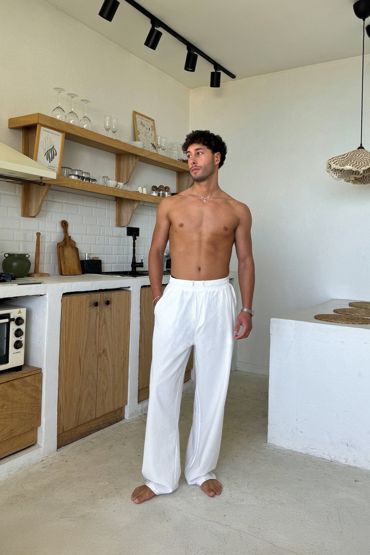 Relaxed Fit Linen Trousers with Elastic Waistband, White