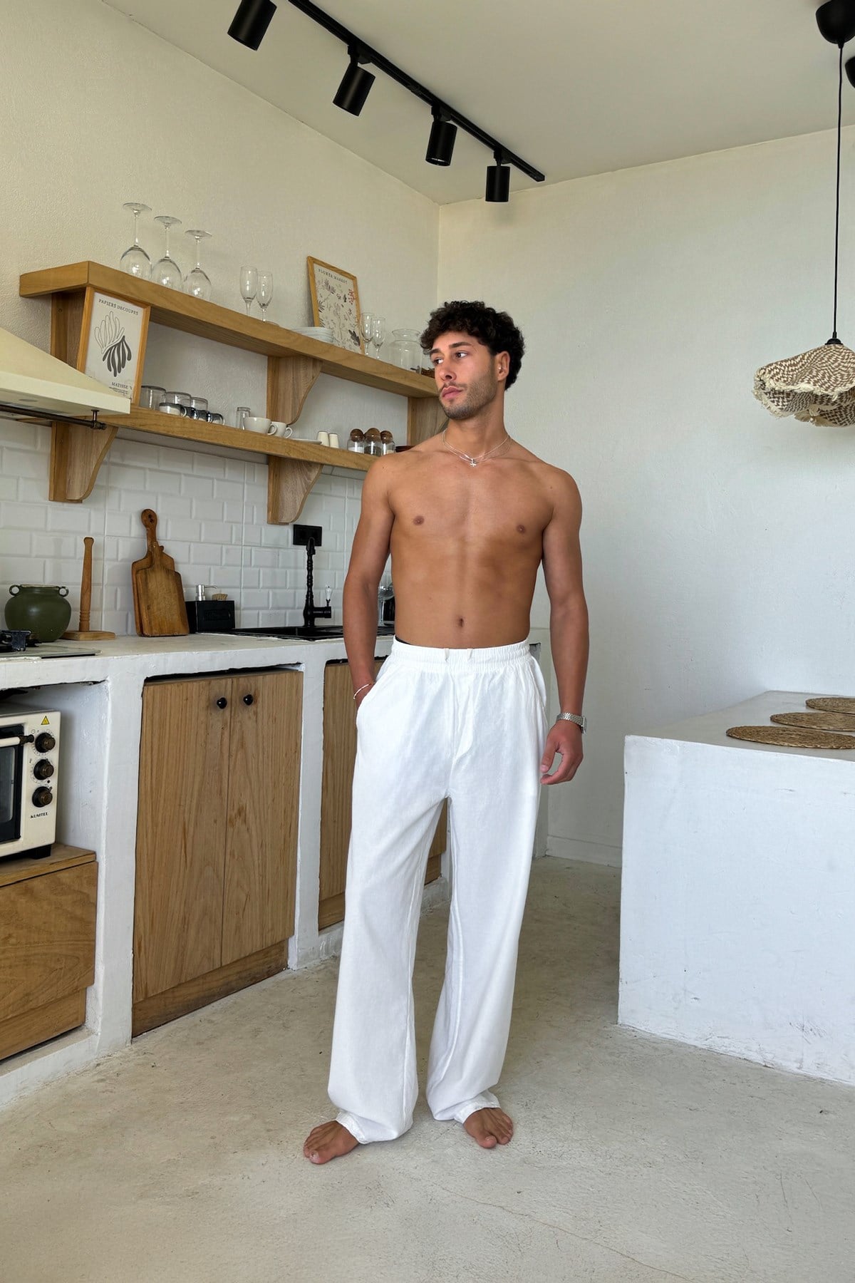 Relaxed Fit Linen Trousers with Elastic Waistband, White