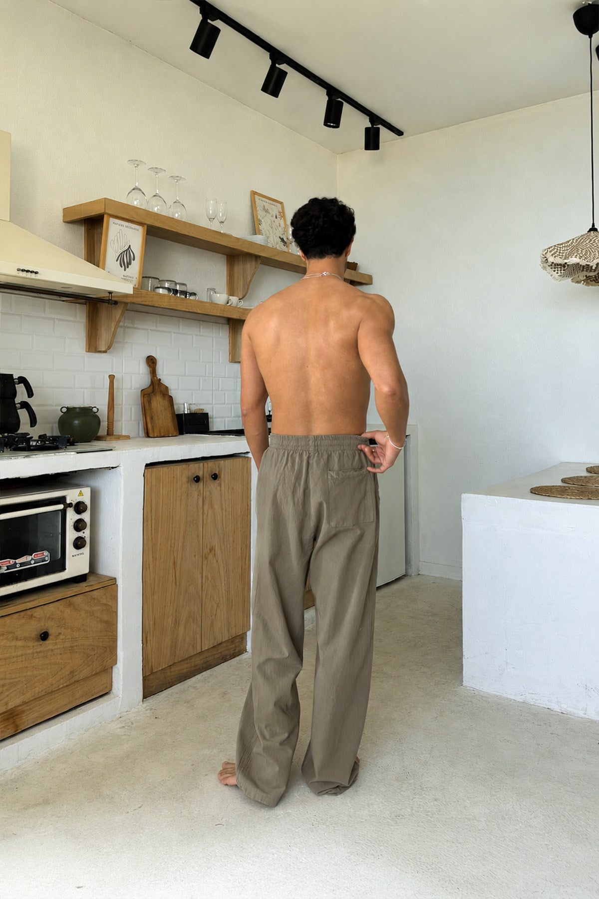 Relaxed Fit Linen Trousers with Elastic Waistband, Khaki