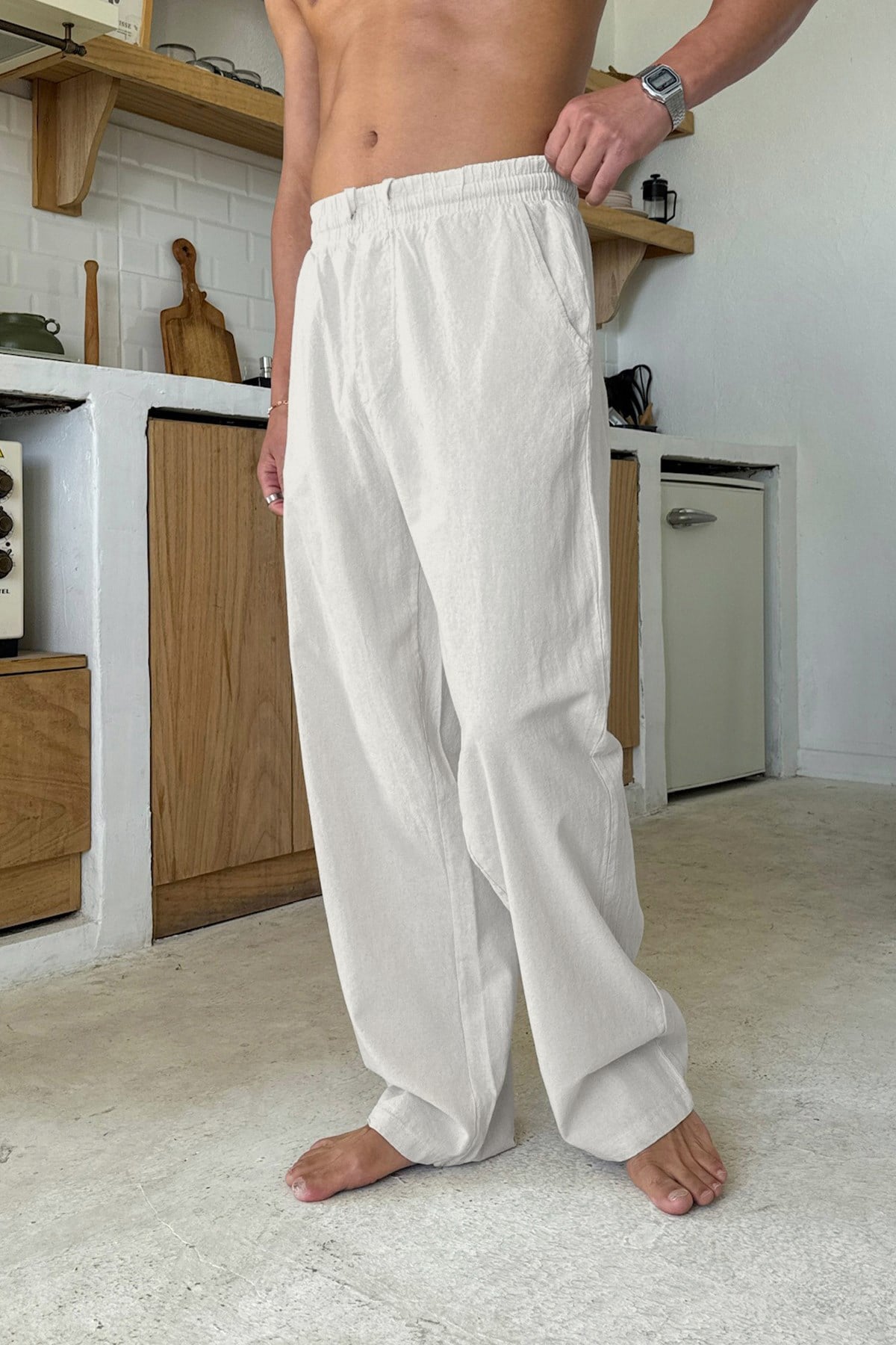 Relaxed Fit Linen Trousers with Elastic Waistband, Beige