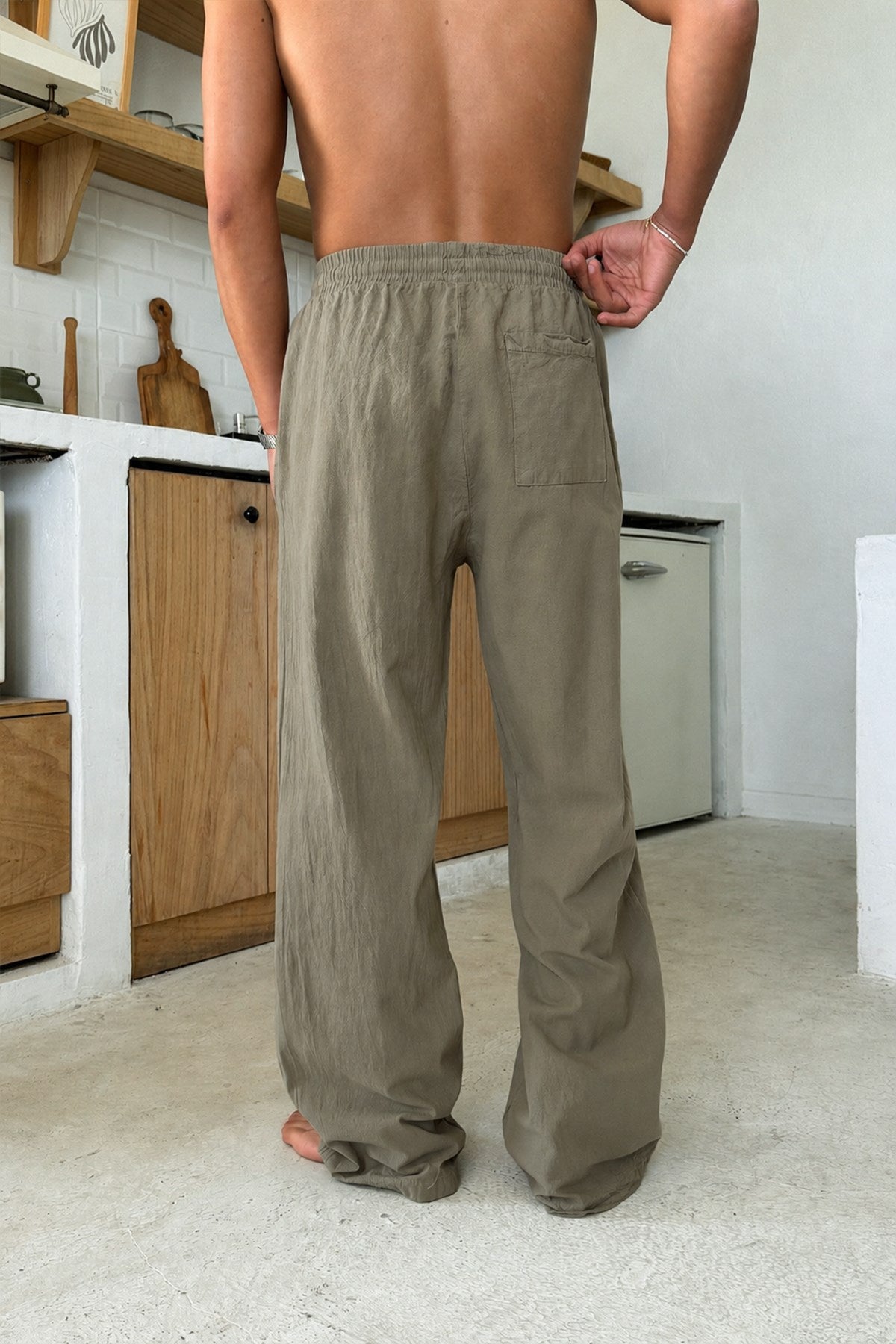 Relaxed Fit Linen Trousers with Elastic Waistband, Khaki