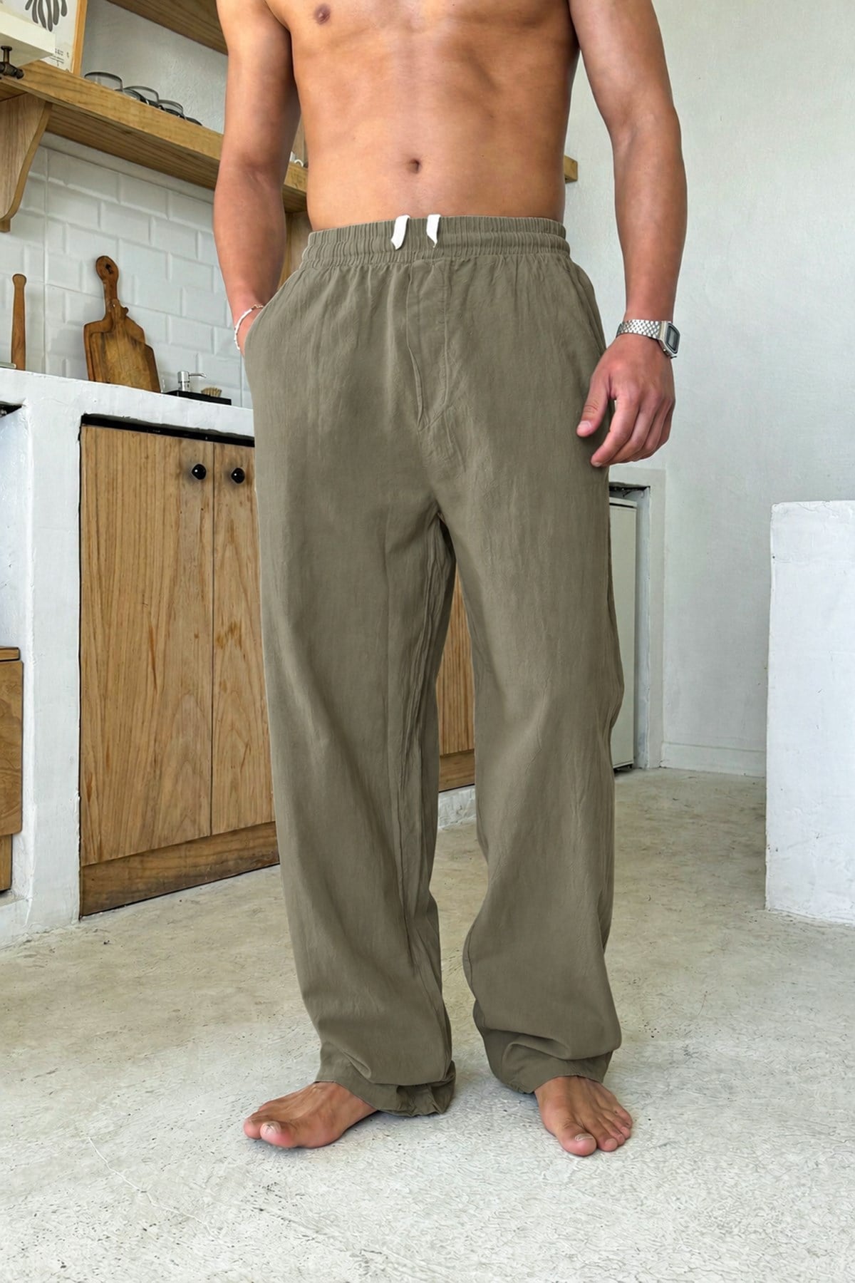 Relaxed Fit Linen Trousers with Elastic Waistband, Khaki