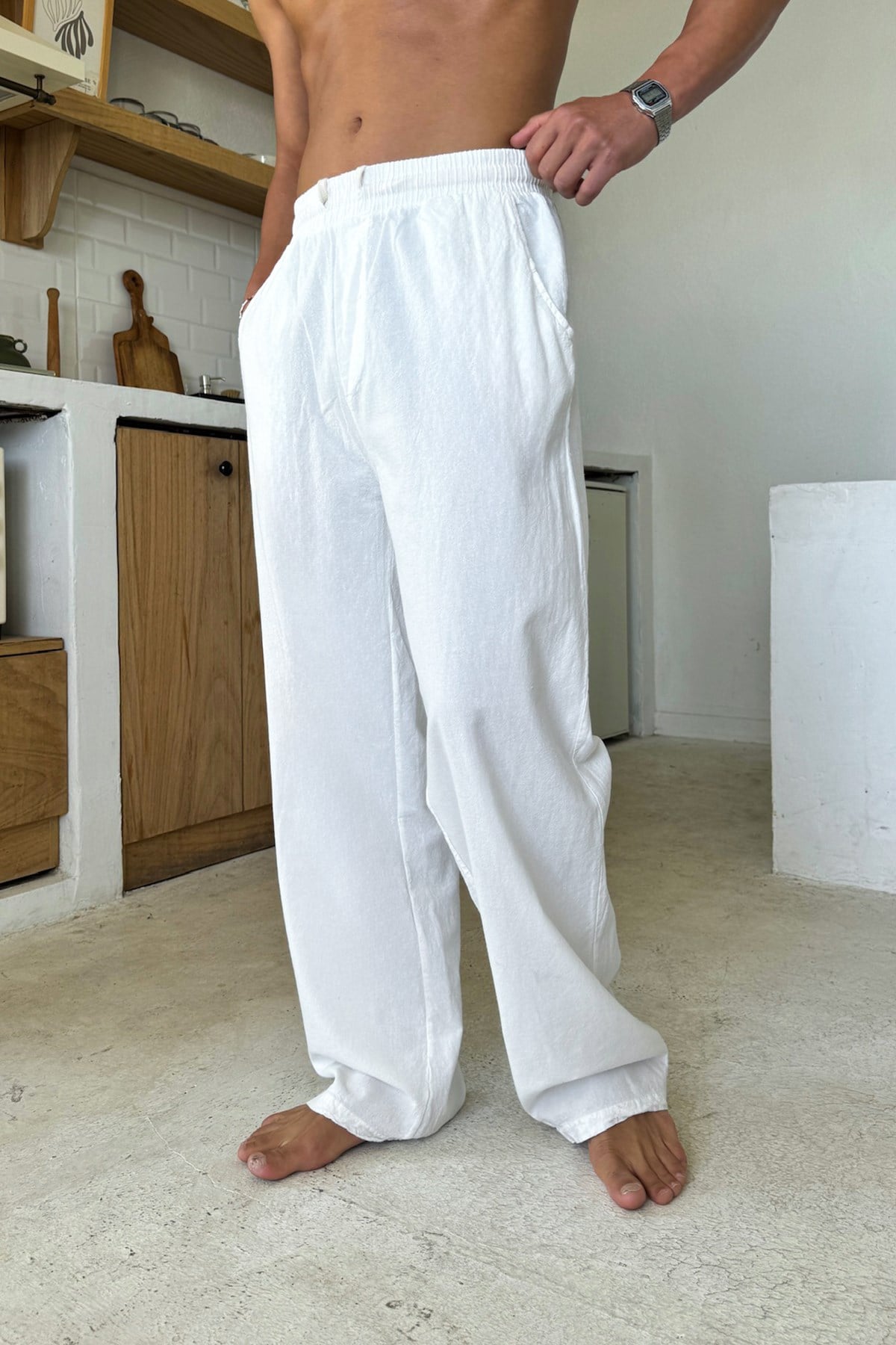 Relaxed Fit Linen Trousers with Elastic Waistband, White