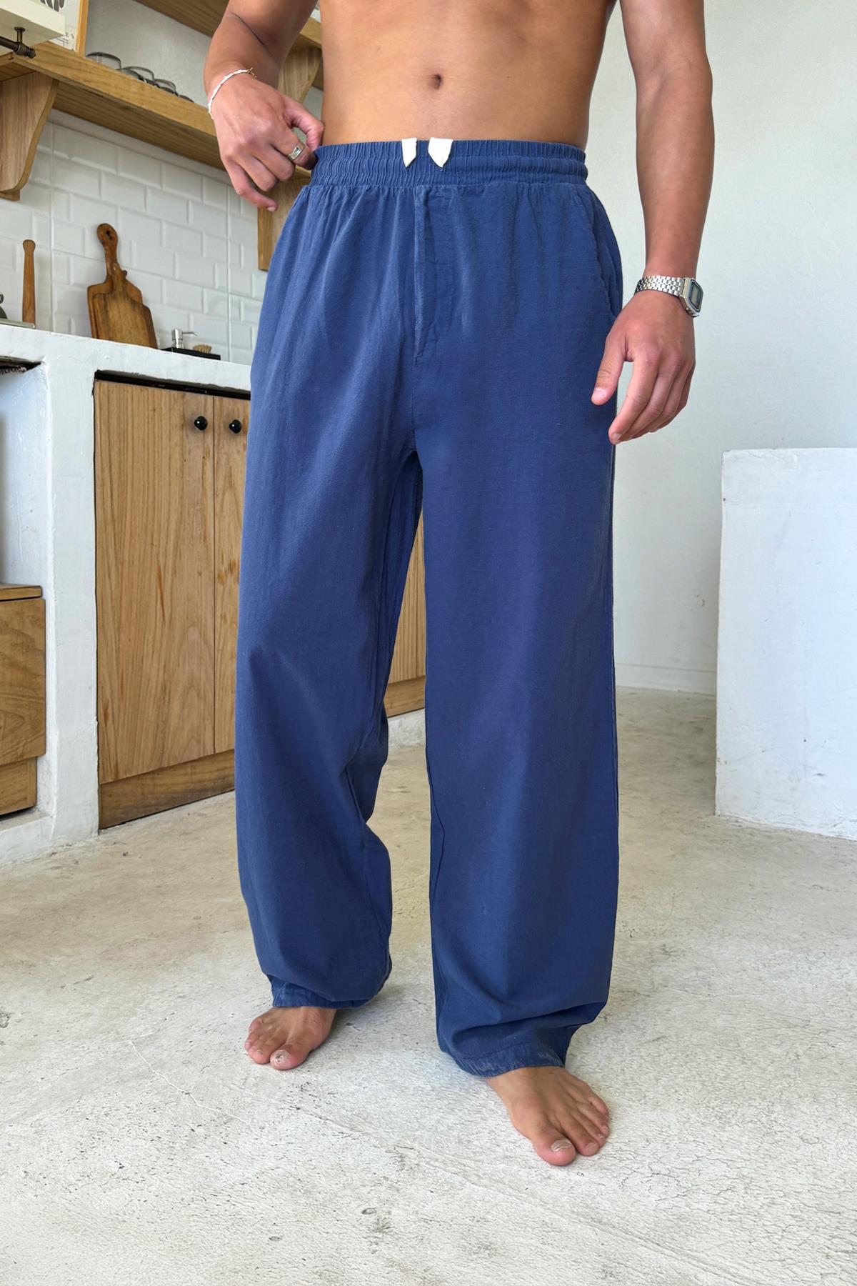 Relaxed Fit Linen Trousers with Elastic Waistband, Navy Blue