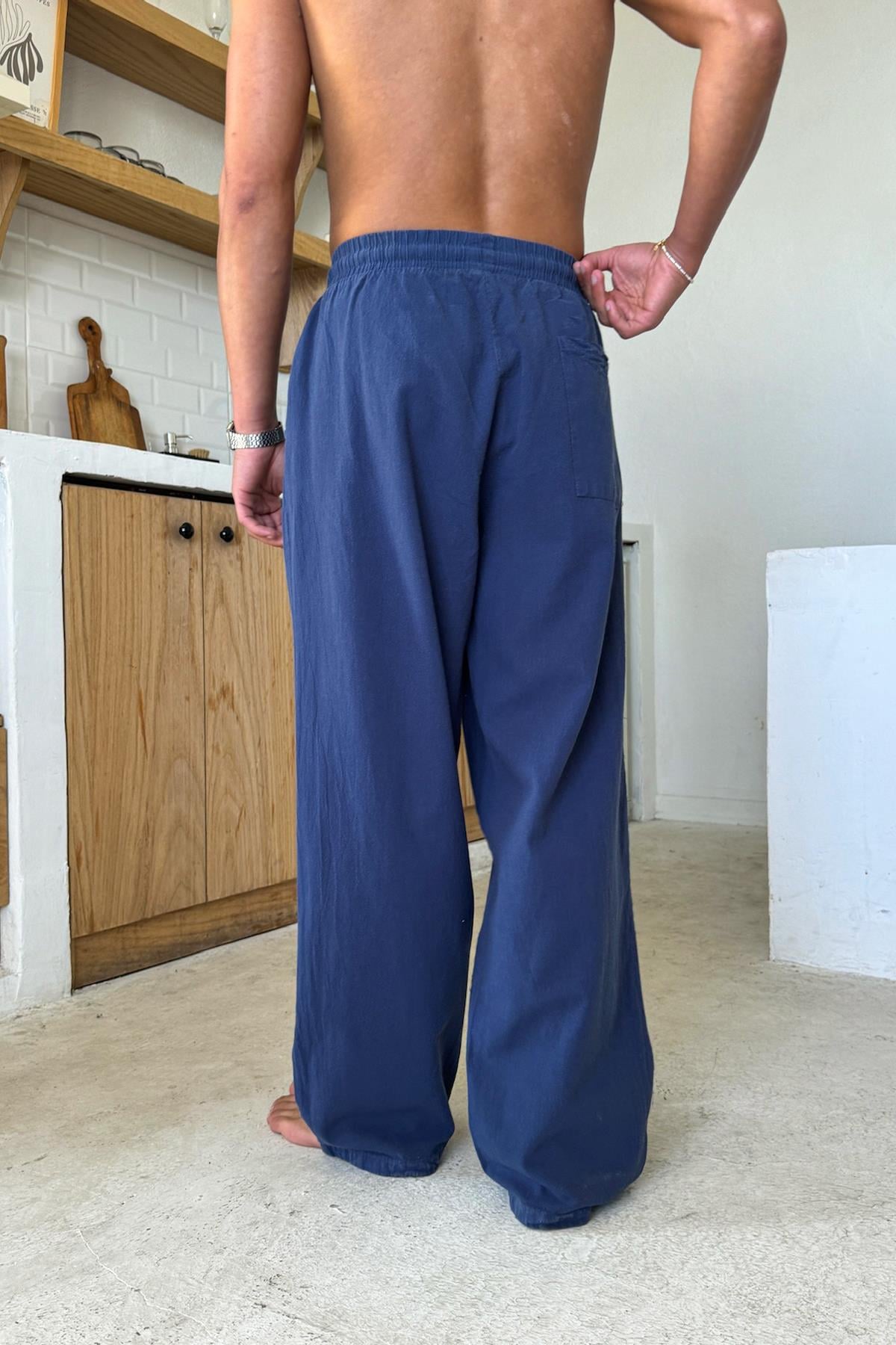 Relaxed Fit Linen Trousers with Elastic Waistband, Navy Blue