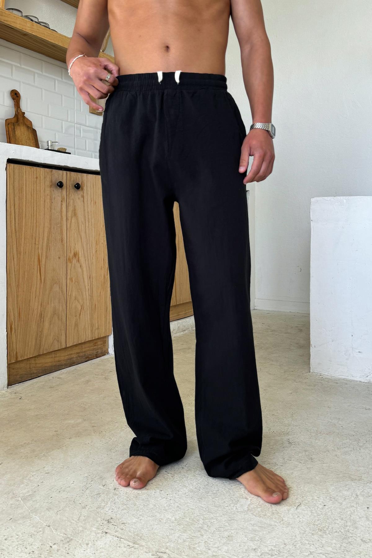 Relaxed Fit Linen Trousers with Elastic Waistband, Black