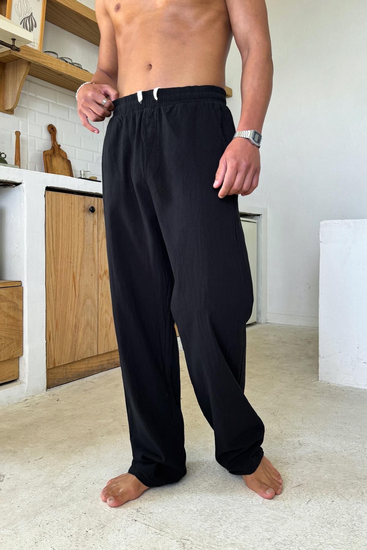 Relaxed Fit Linen Trousers with Elastic Waistband, Black