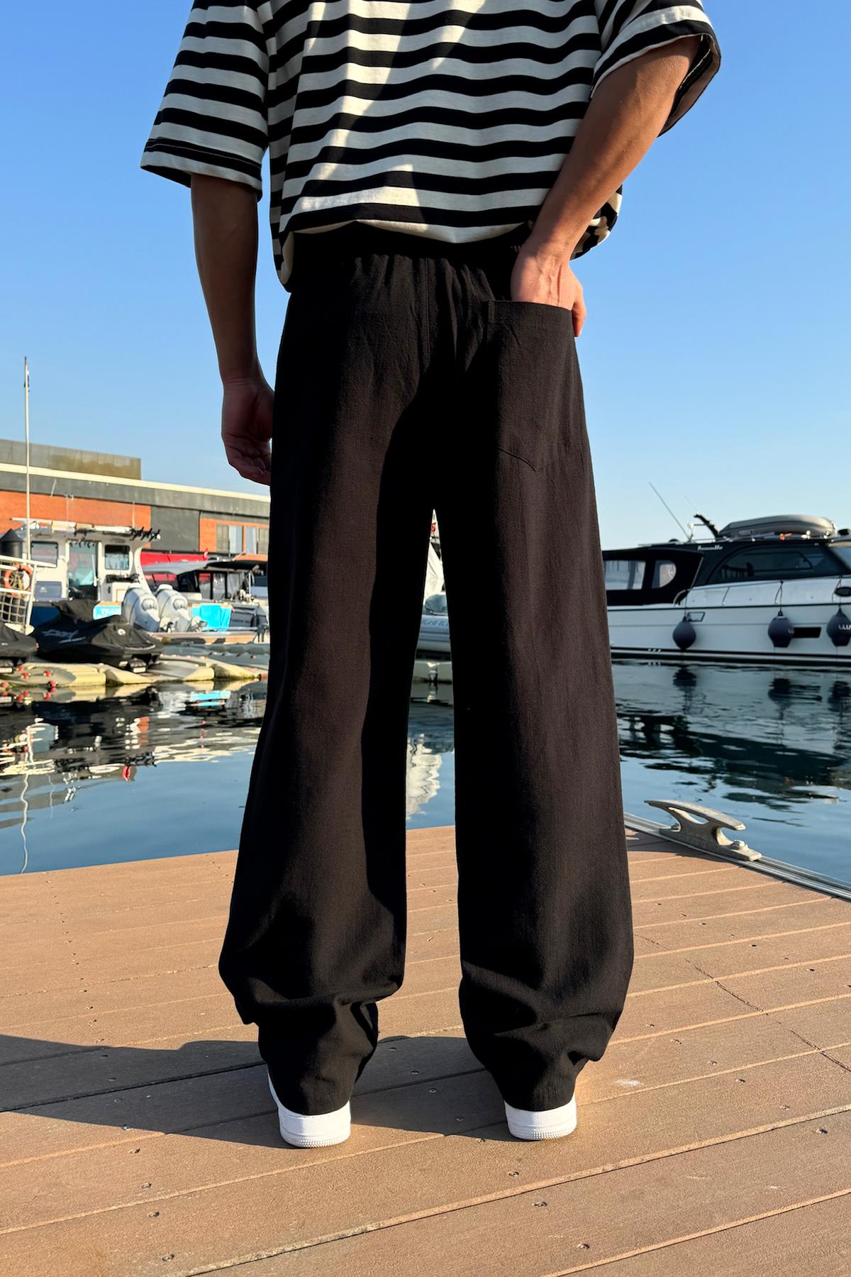 Comfortable Linen Trousers with Elastic Waistband, Black