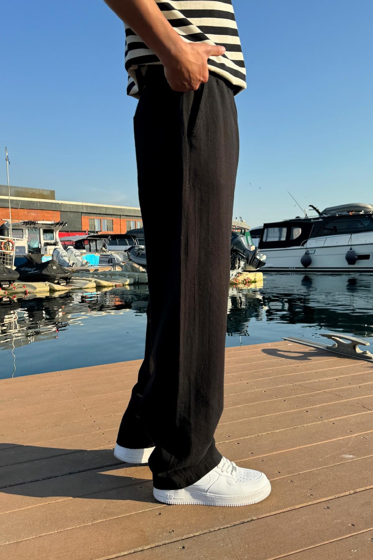 Comfortable Linen Trousers with Elastic Waistband, Black
