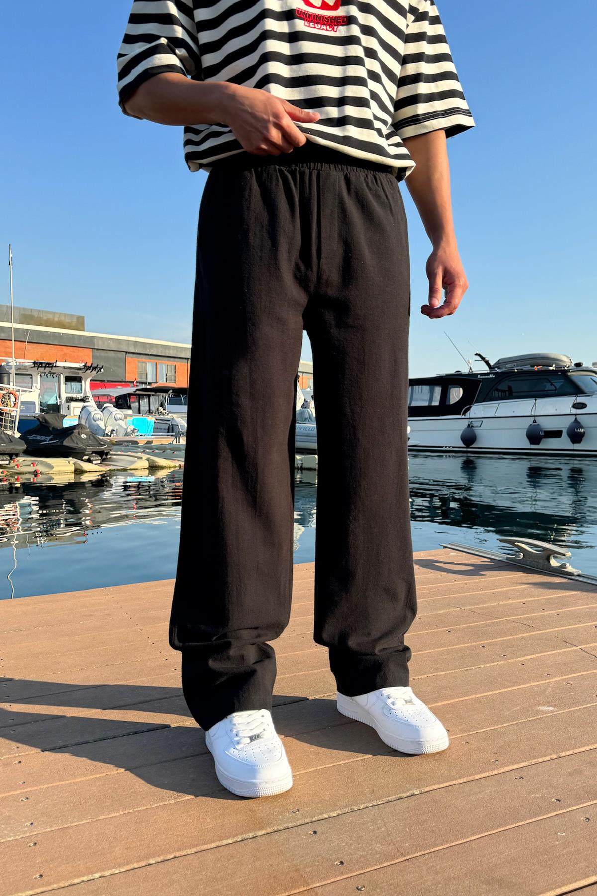Comfortable Linen Trousers with Elastic Waistband, Black