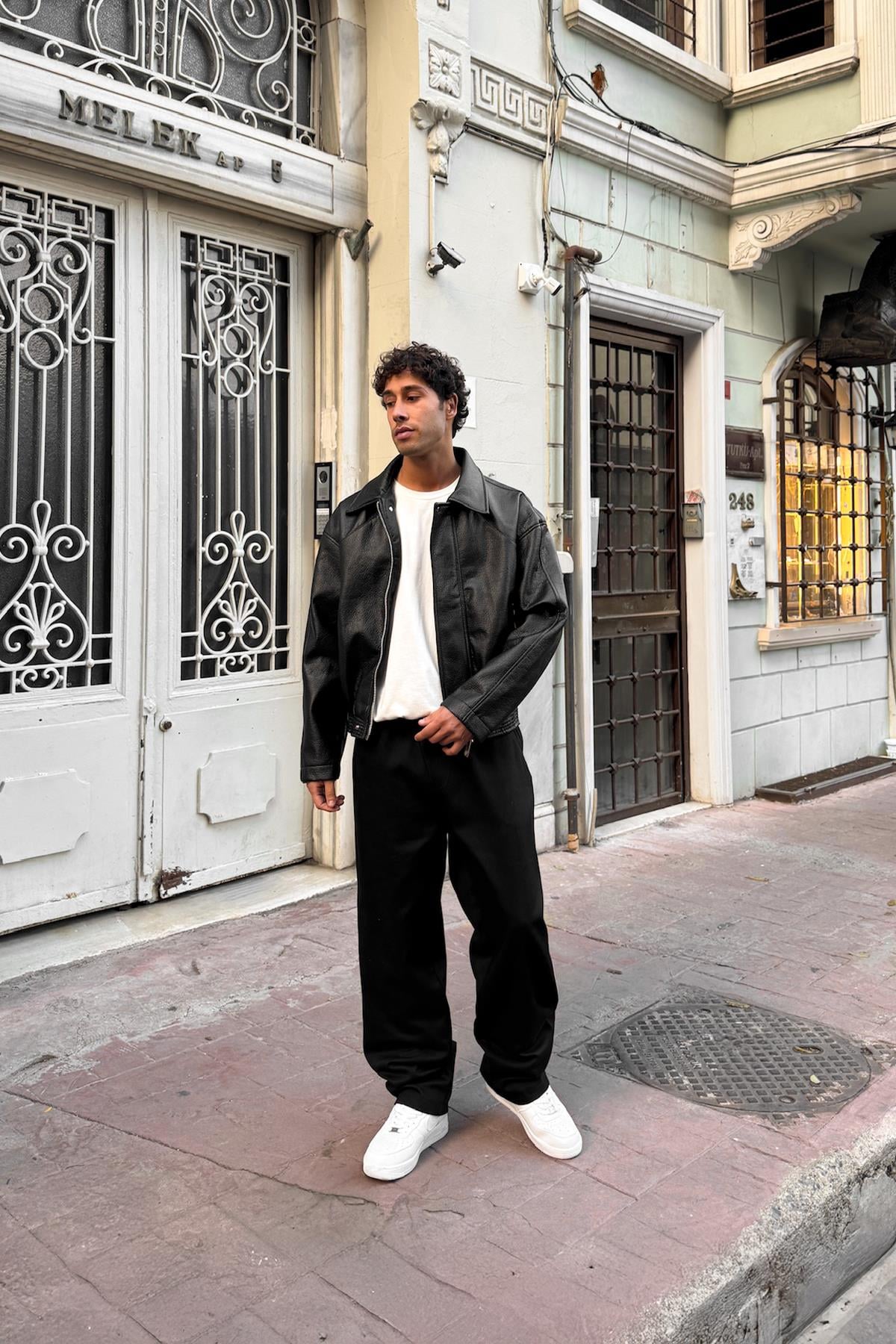 Black Baggy Gabardine Trousers with Elastic Waistband