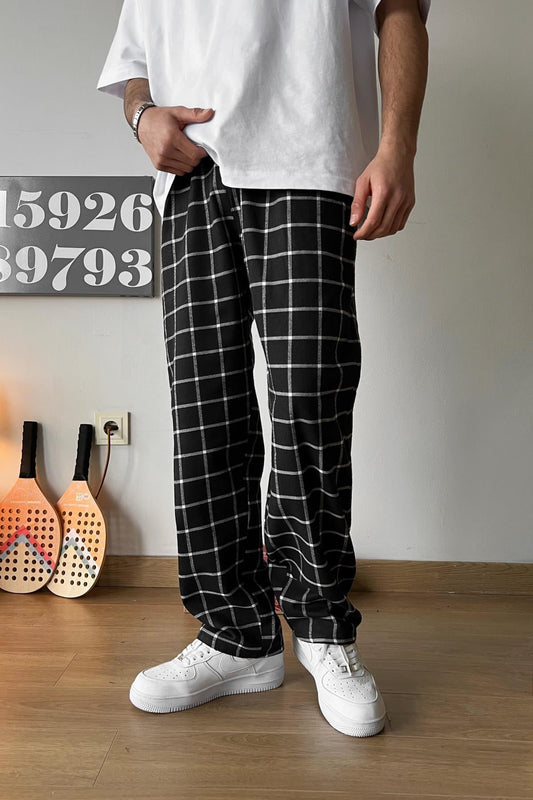 Black Plaid Pajamas with Elastic Waist