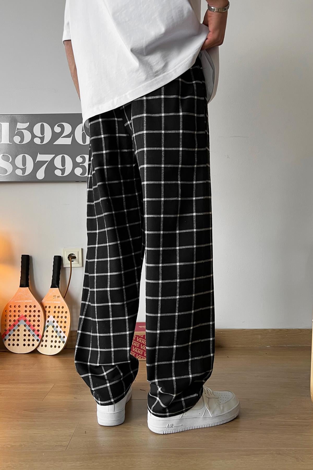 Black Plaid Pajamas with Elastic Waist
