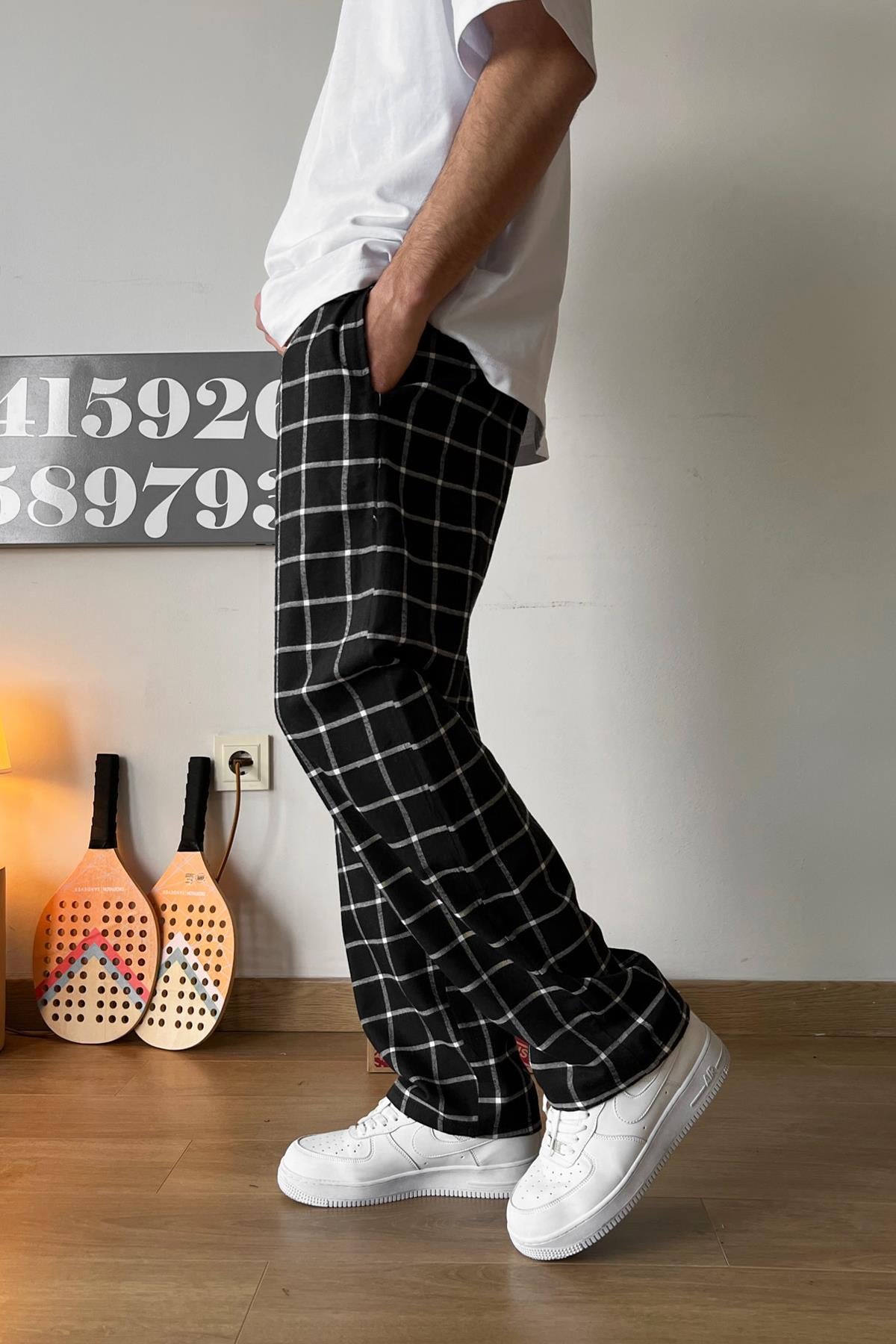 Black Plaid Pajamas with Elastic Waist