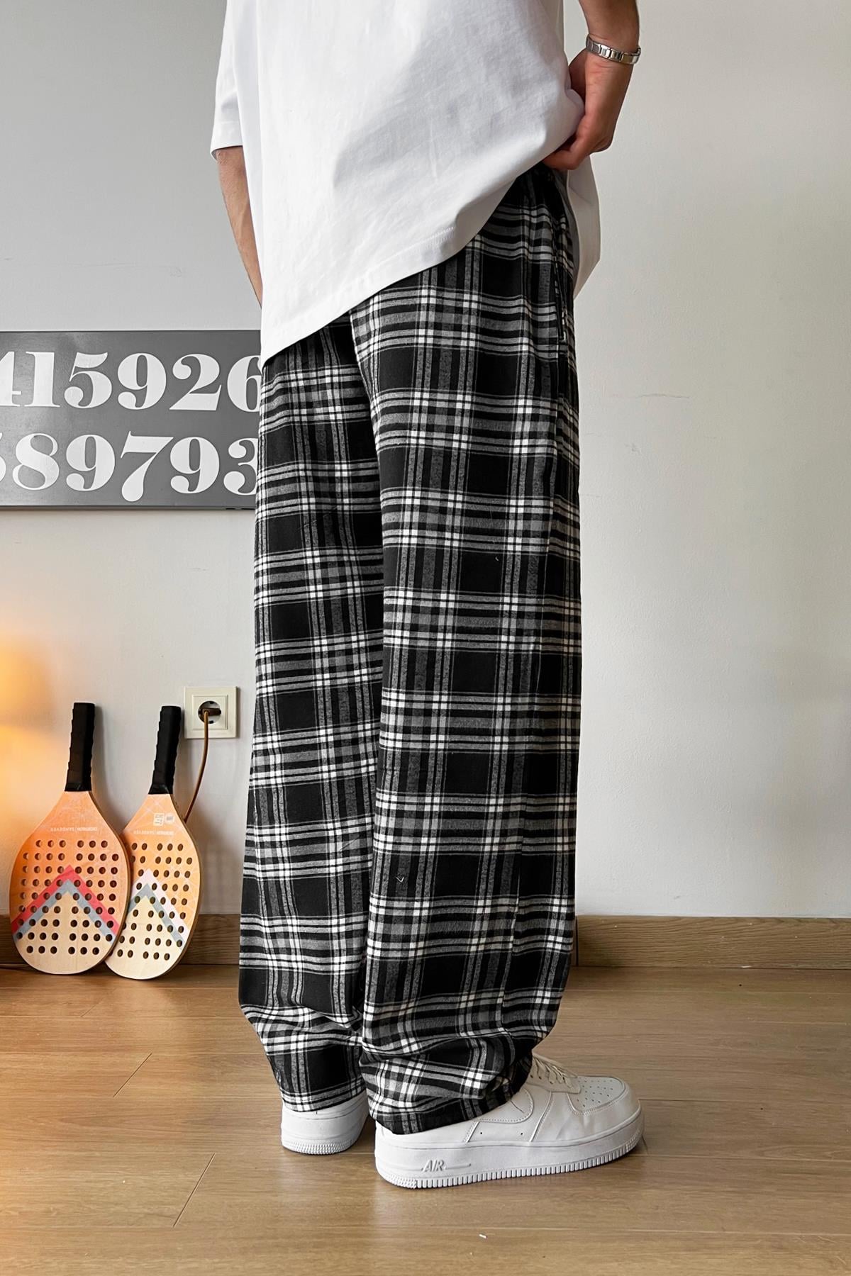 Black Plaid Pajamas with Elastic Waistband
