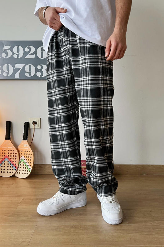 Black Plaid Pajamas with Elastic Waistband