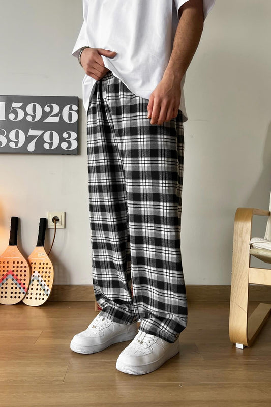 Grey Plaid Pajamas with Elastic Waistband