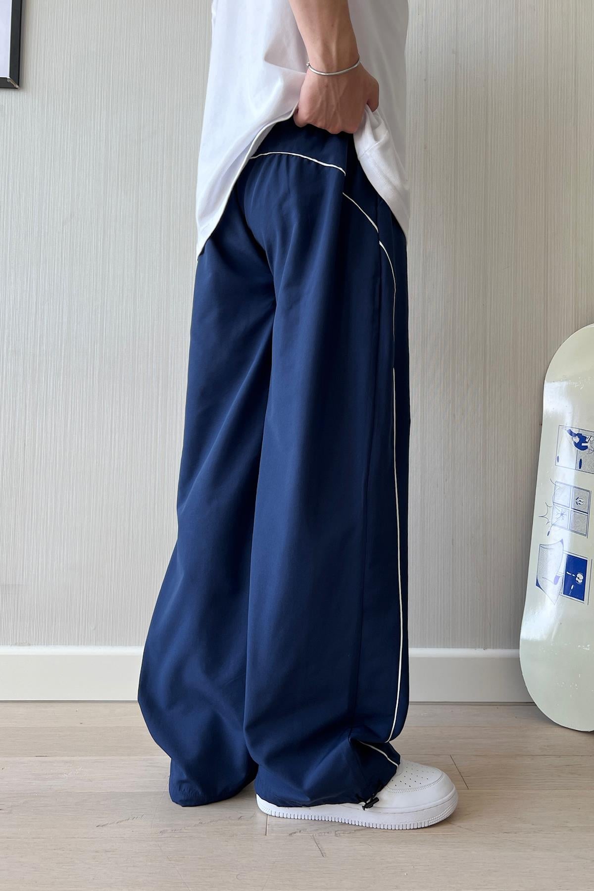 Navy Blue Sweatpants with Piping Trim