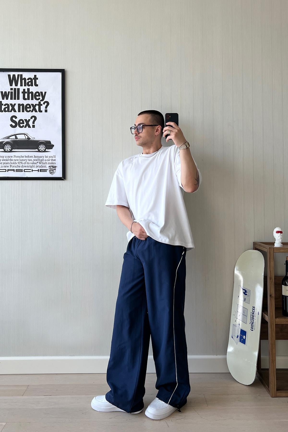 Navy Blue Sweatpants with Piping Trim