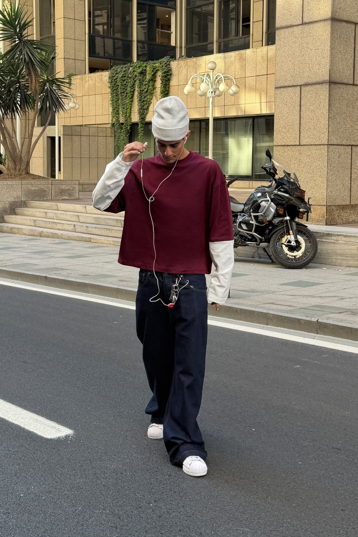 Burgundy-Ecru Boxy Fit Long Sleeve Tee