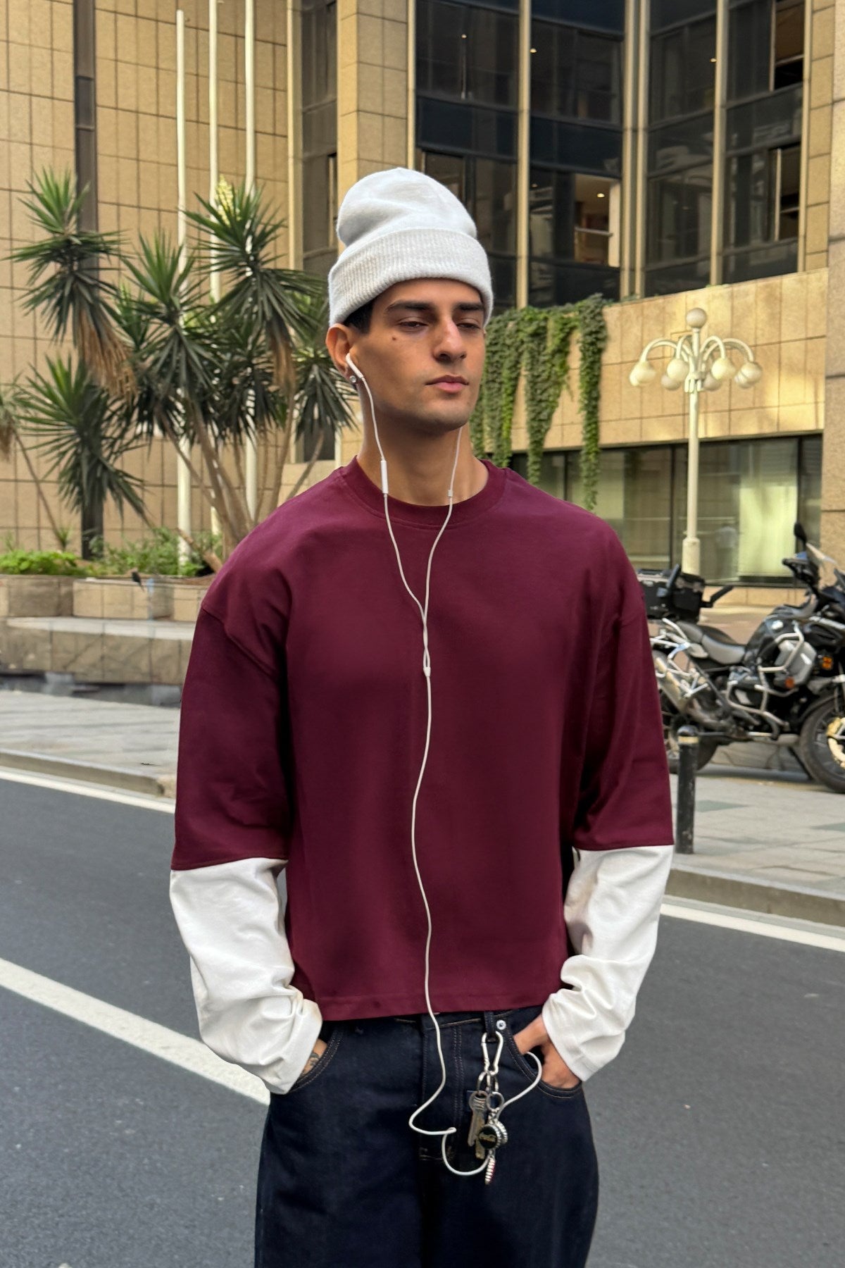 Burgundy-Ecru Boxy Fit Long Sleeve Tee