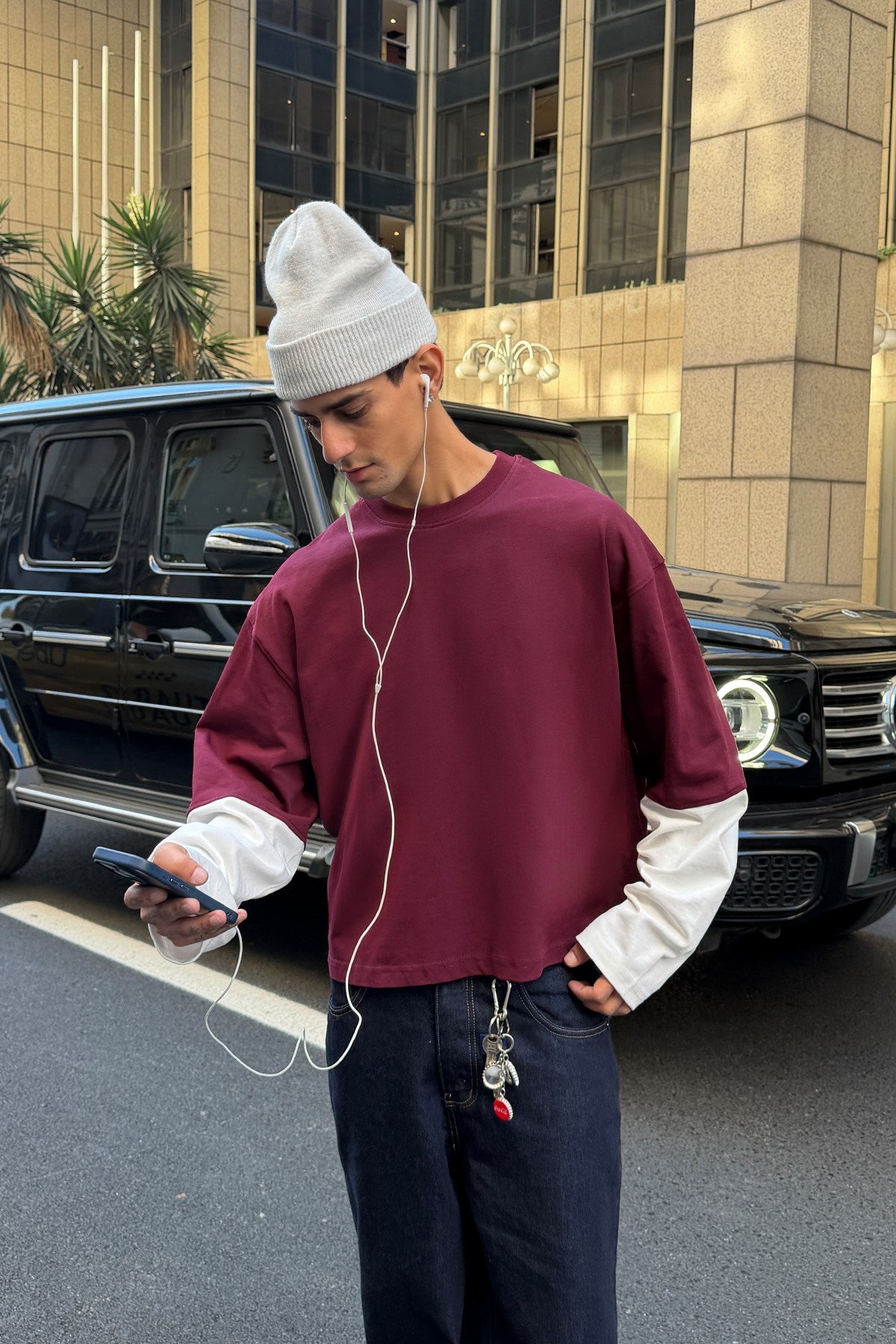 Burgundy-Ecru Boxy Fit Long Sleeve Tee