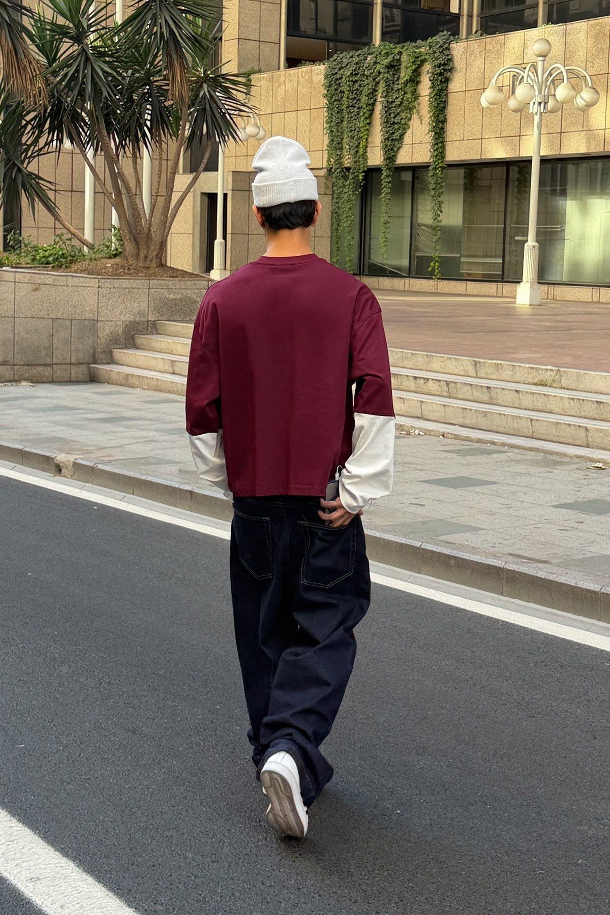 Burgundy-Ecru Boxy Fit Long Sleeve Tee