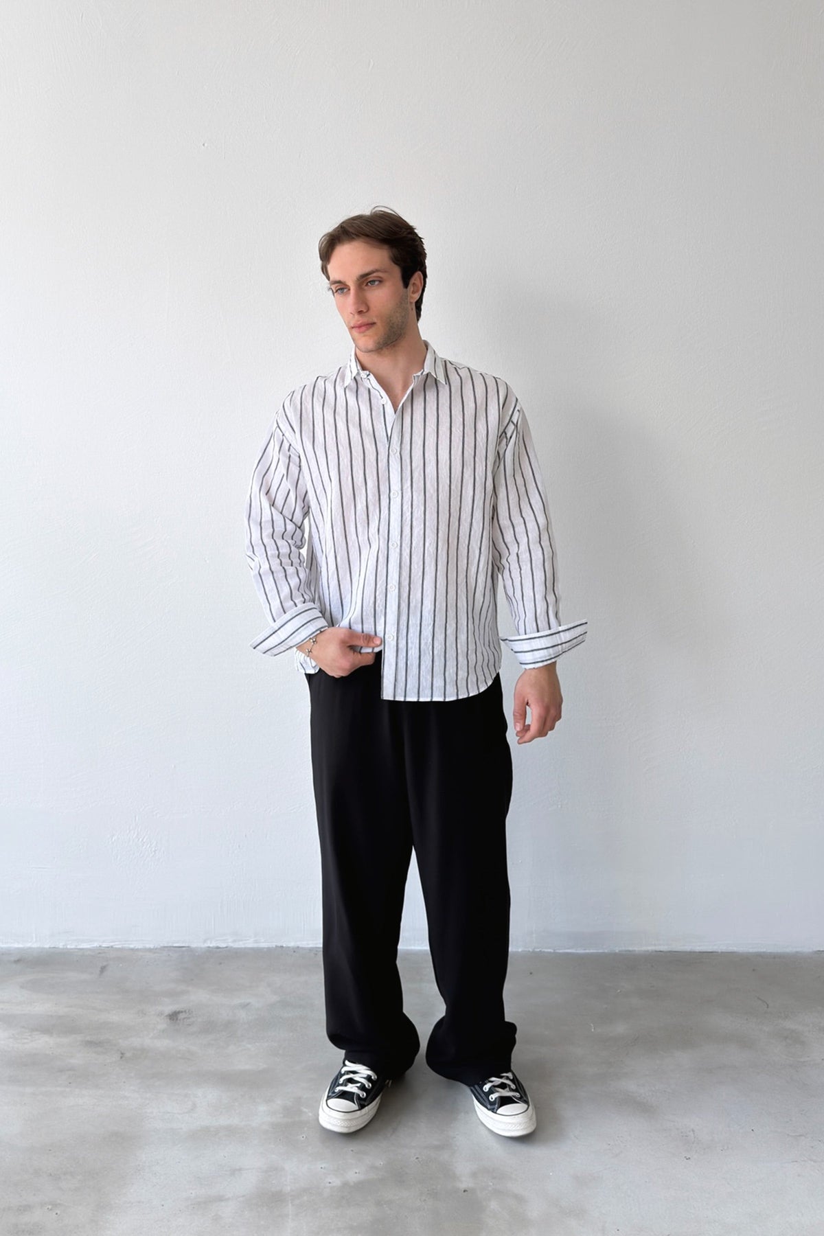 Double-Striped White Linen Shirt