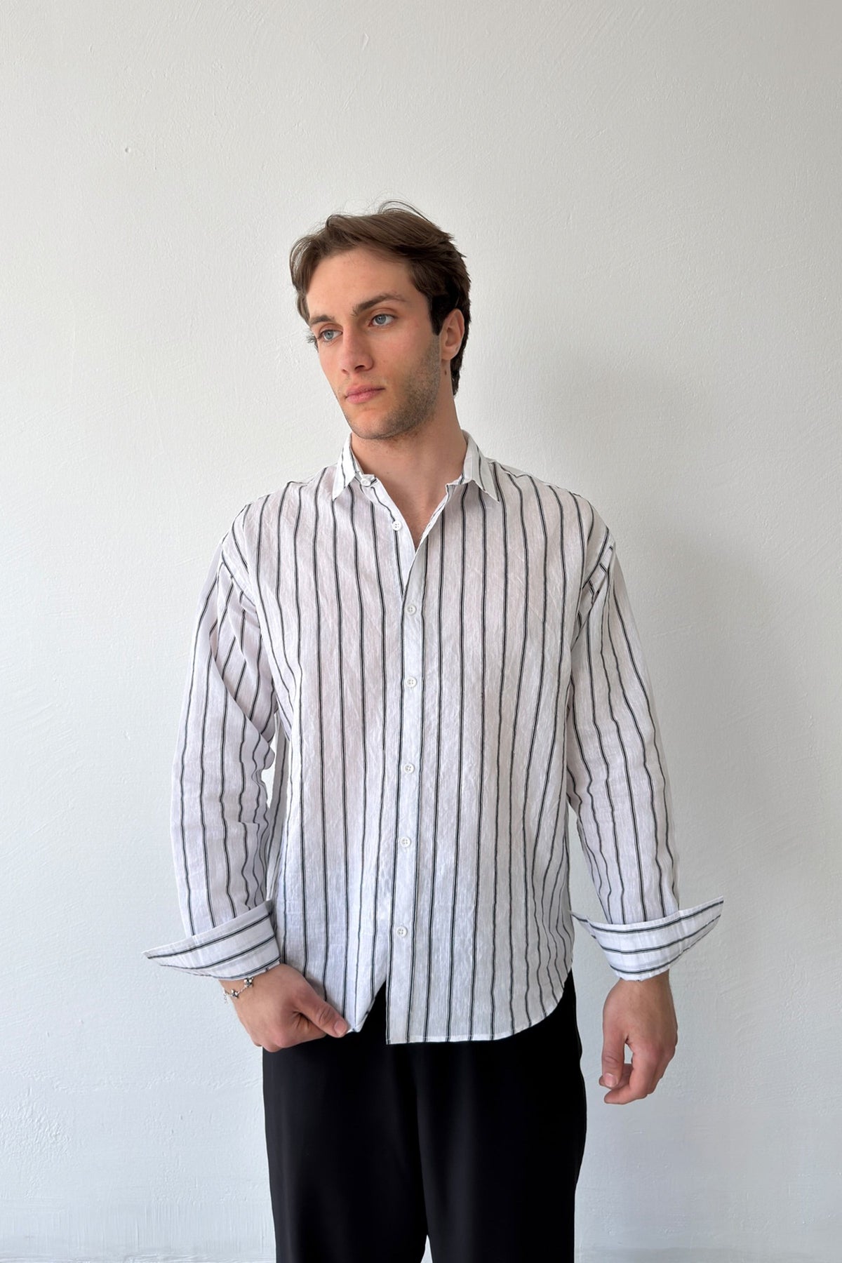 Double-Striped White Linen Shirt