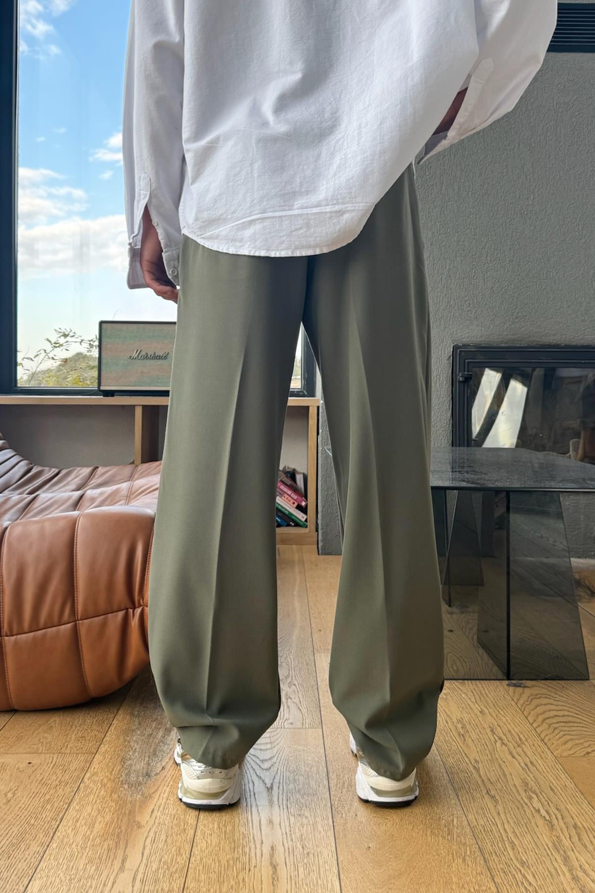 Double Pleated Fabric Trousers Khaki