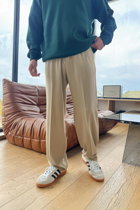 Double Pleated Fabric Trousers Beige