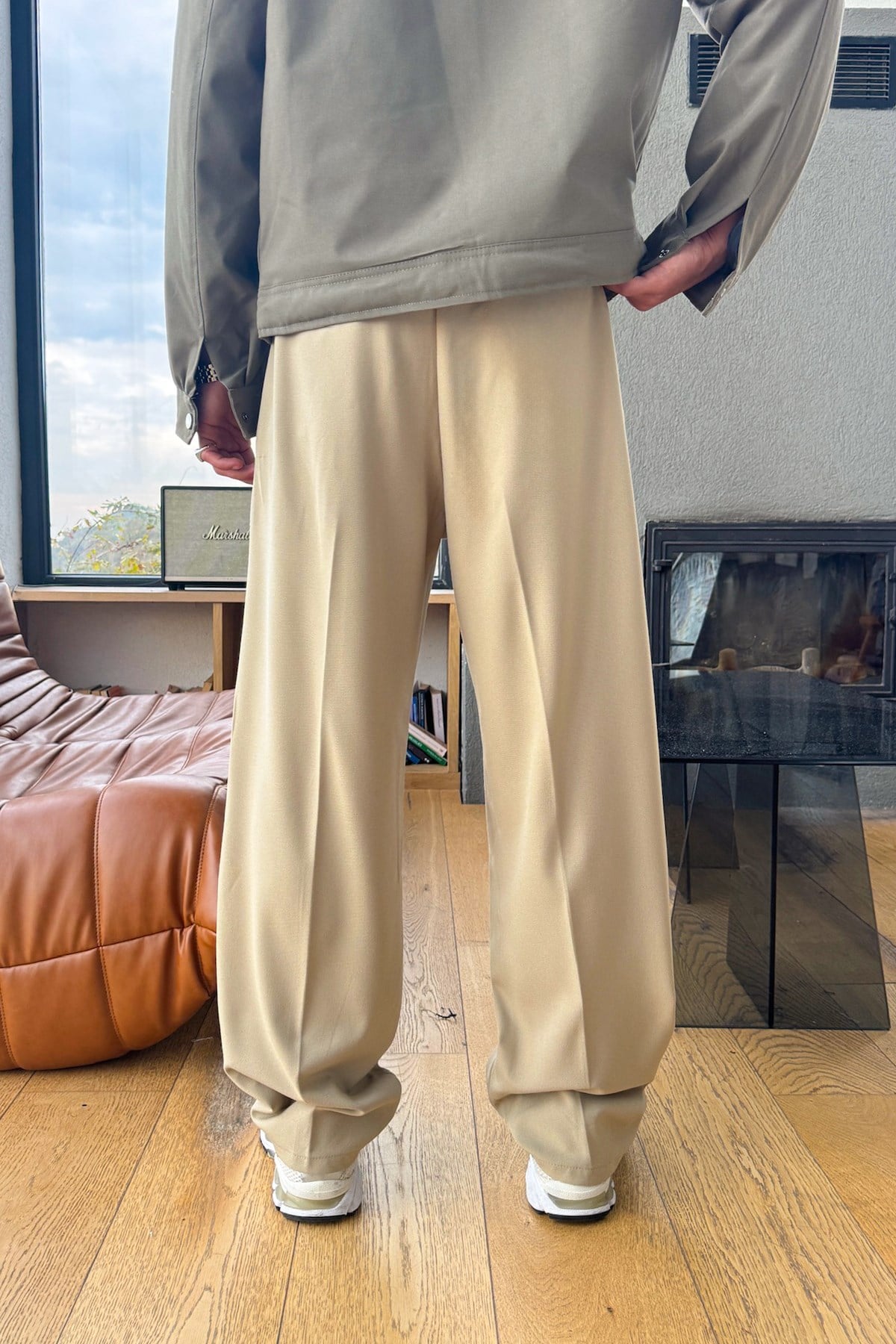 Double Pleated Fabric Trousers Beige