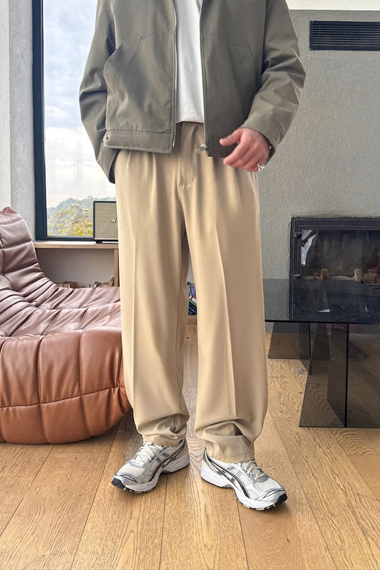 Double Pleated Fabric Trousers Beige