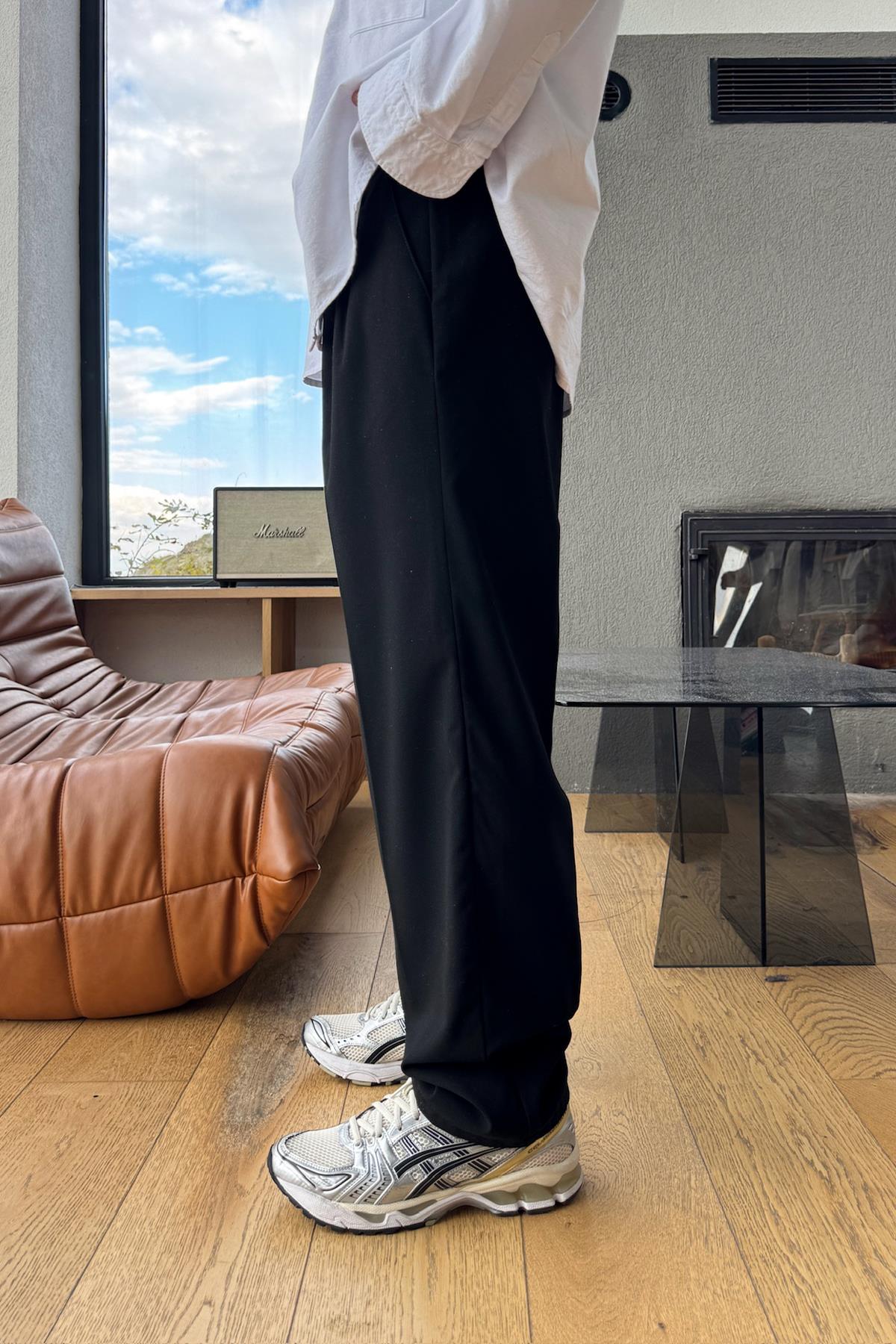 Double Pleated Fabric Trousers Black