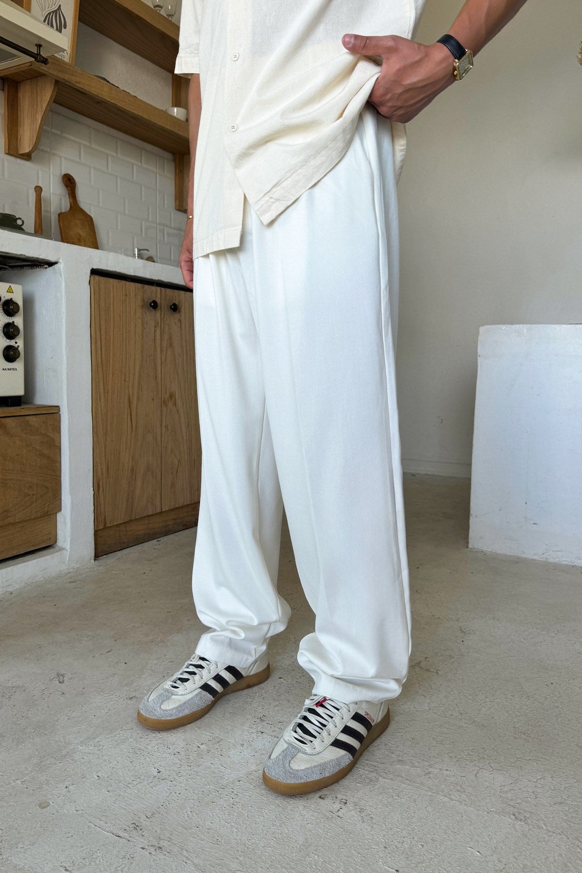 Double Pleated Fabric Trousers, Ecru