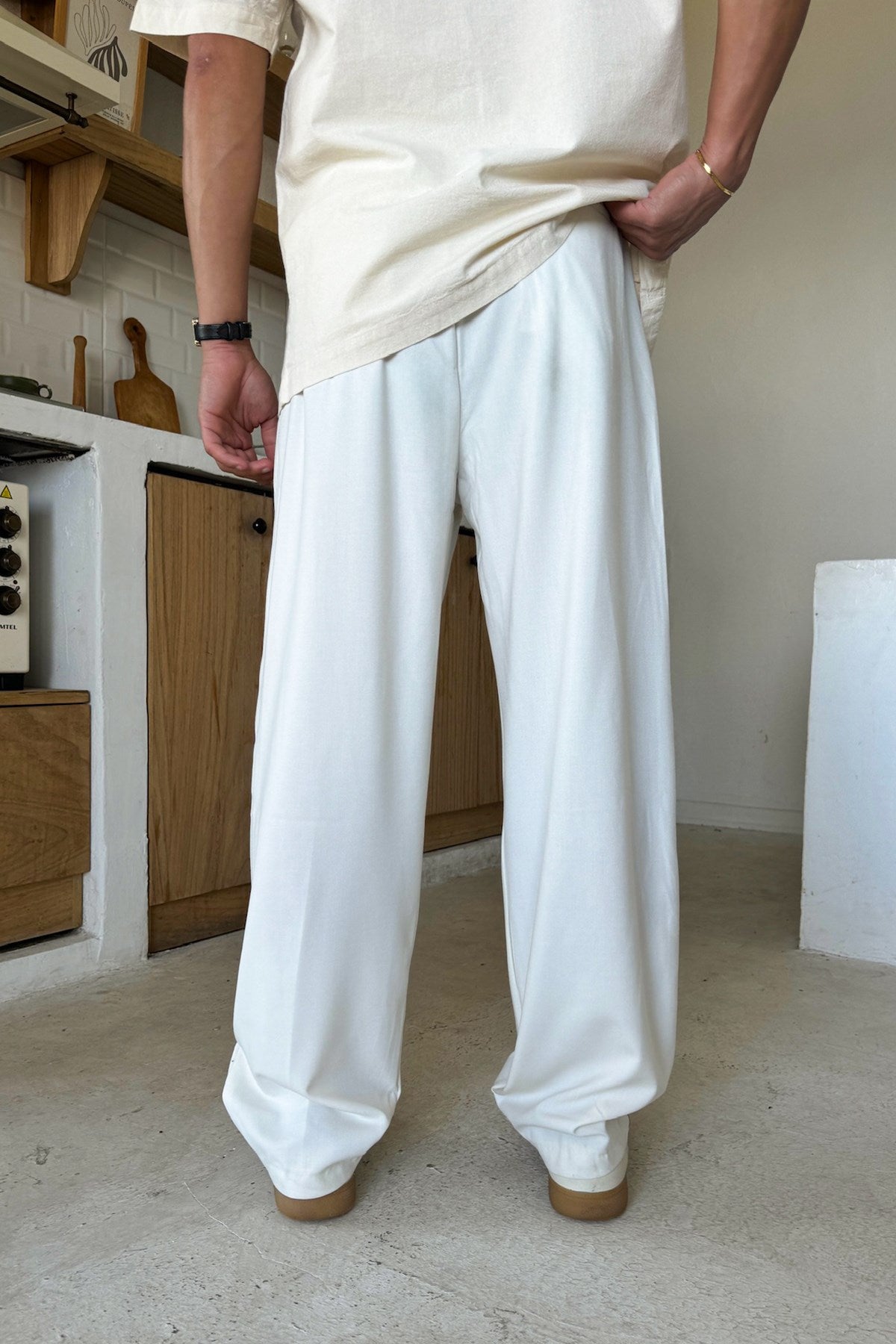Double Pleated Fabric Trousers, Ecru