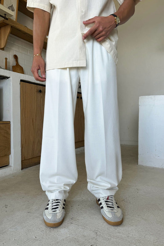 Double Pleated Fabric Trousers, Ecru