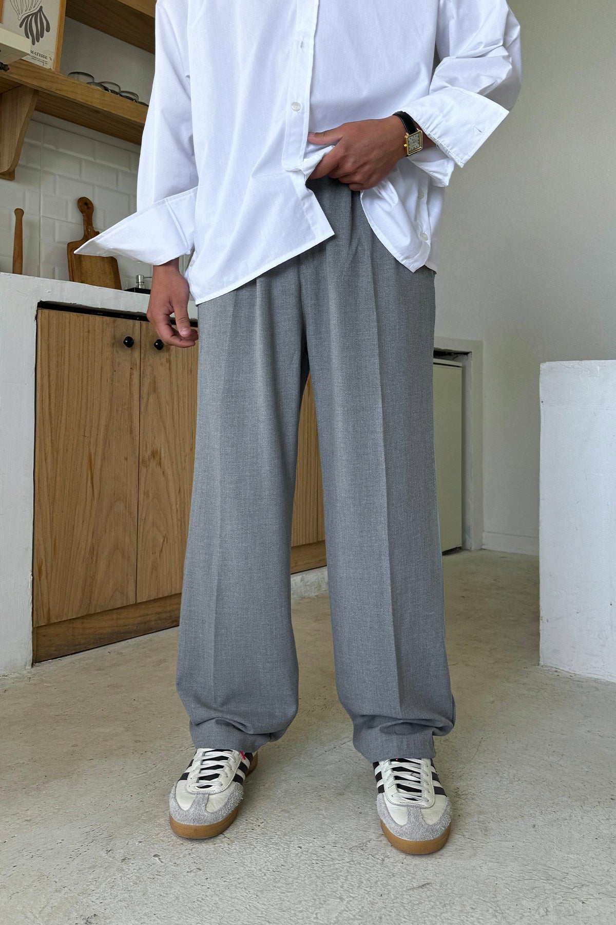 Double Pleated Fabric Trousers Grey