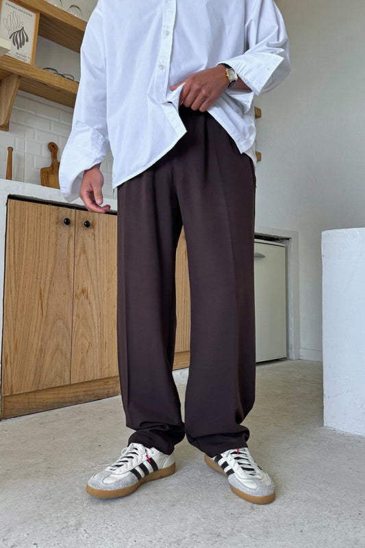 Double Pleated Fabric Trousers Brown